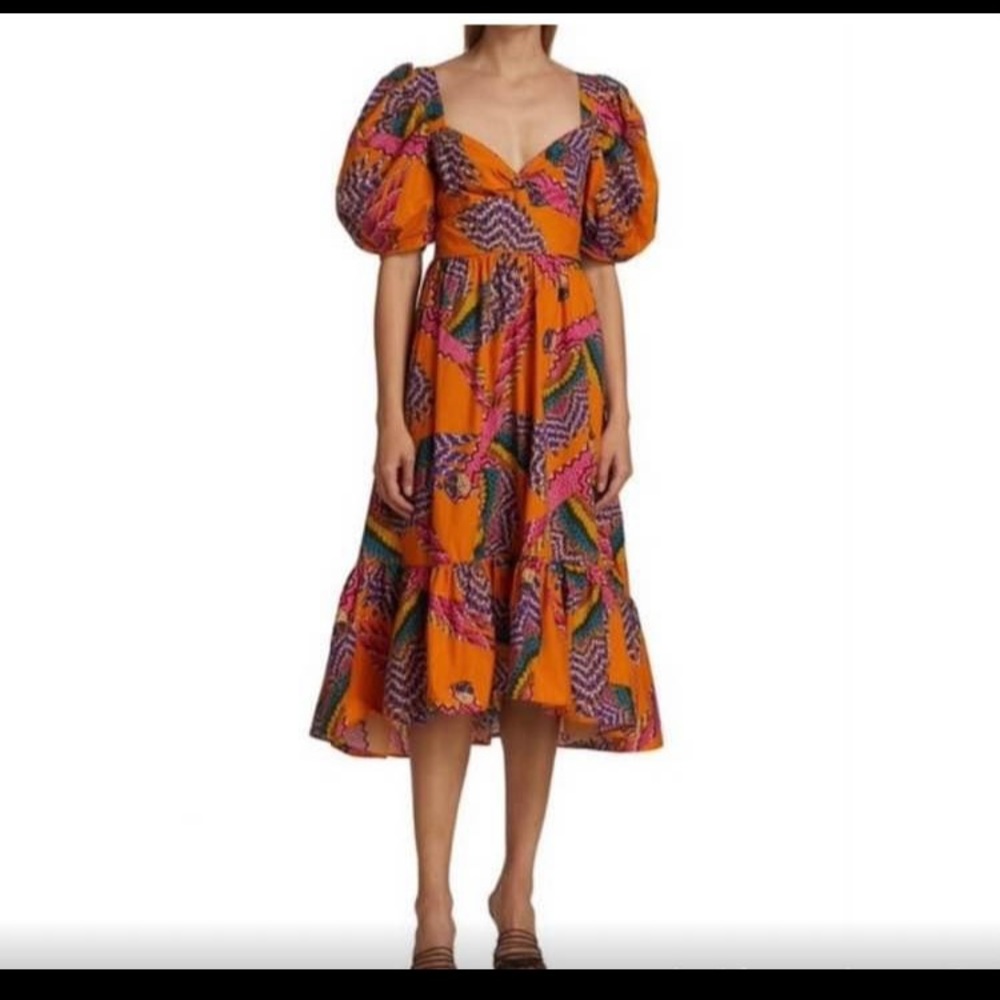 Farm Rio Macau Orange Puff Sleeve Dress